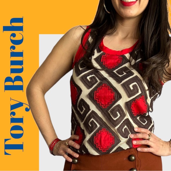 Tory Burch Sleeveless Top, Red Brown Beige Abstract Geometric Cotton Size XS - Picture 1 of 13